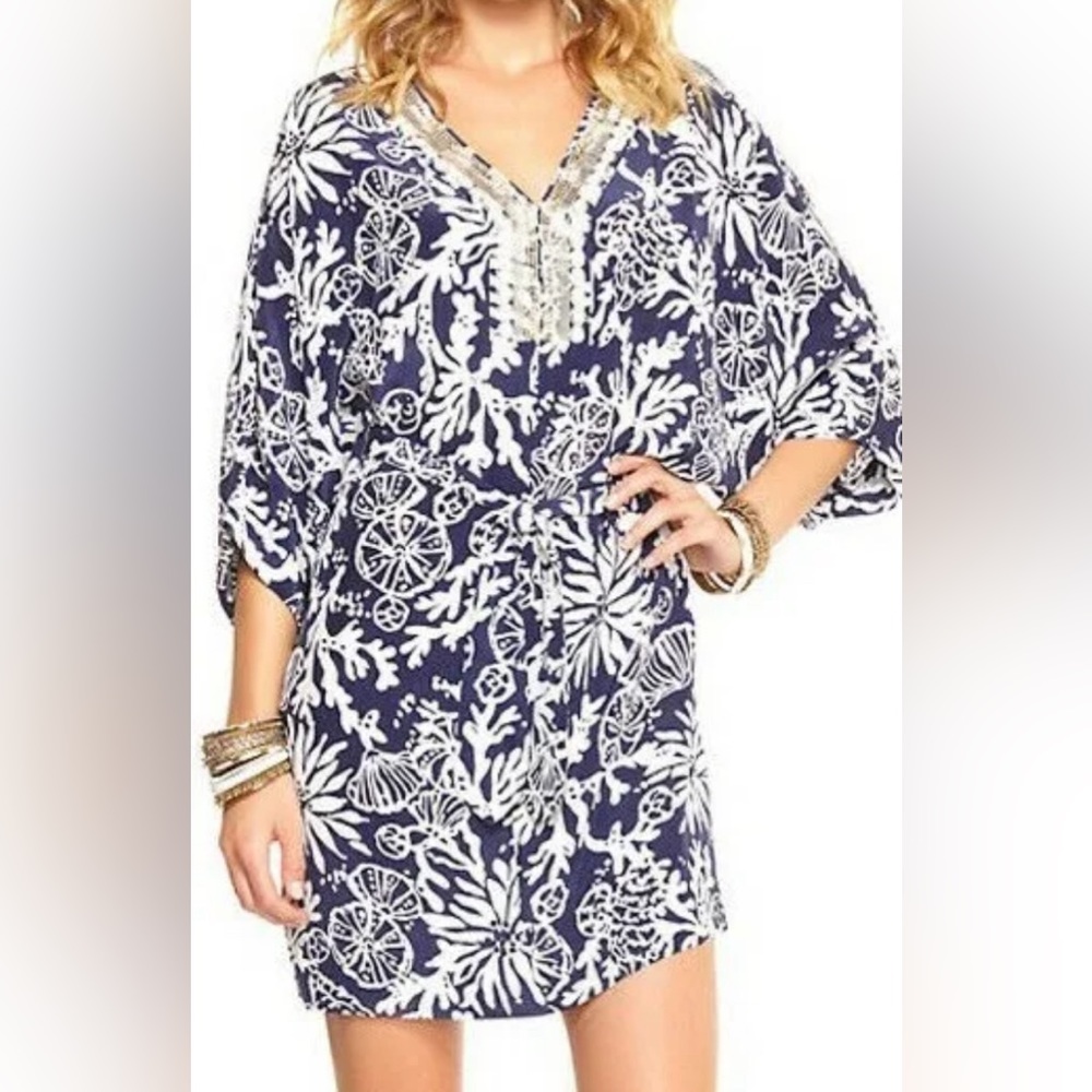 Lilly Pulitzer Wilda Bright Navy In The Groove Beaded Neck Caftan Dress Size L